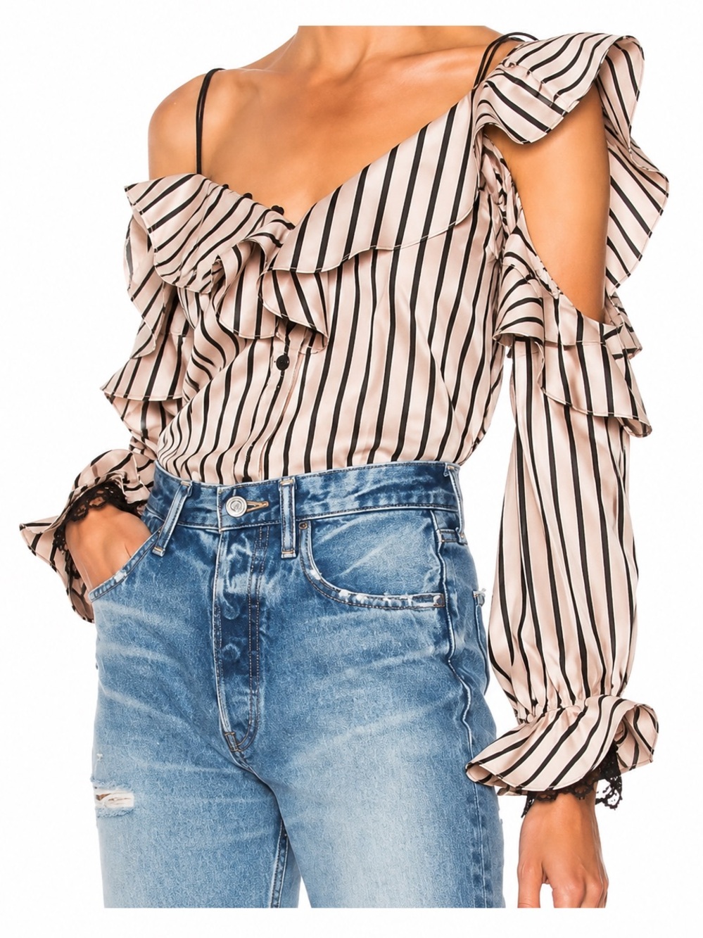 Self-Portrait Striped Off The Shoulder Satin Frill Black White Blouse Top Size 6
